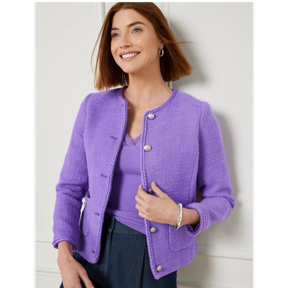 Talbots Amherst Tweed Lilac Cropped Boxy Jacket Preppy Chic Size 4
